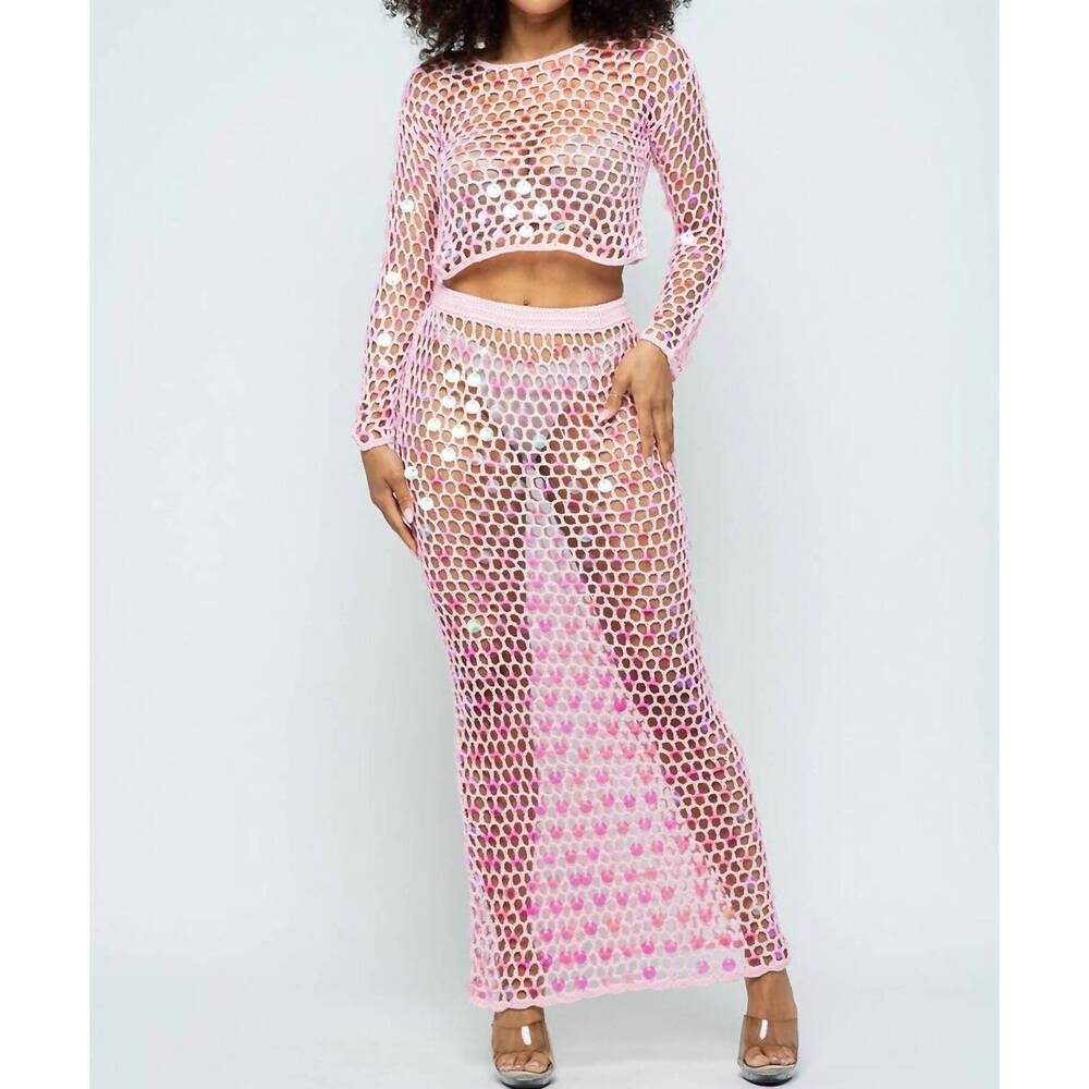 NEW HERA COLLECTION shine bright fishnet crochet top and skirt set in pink